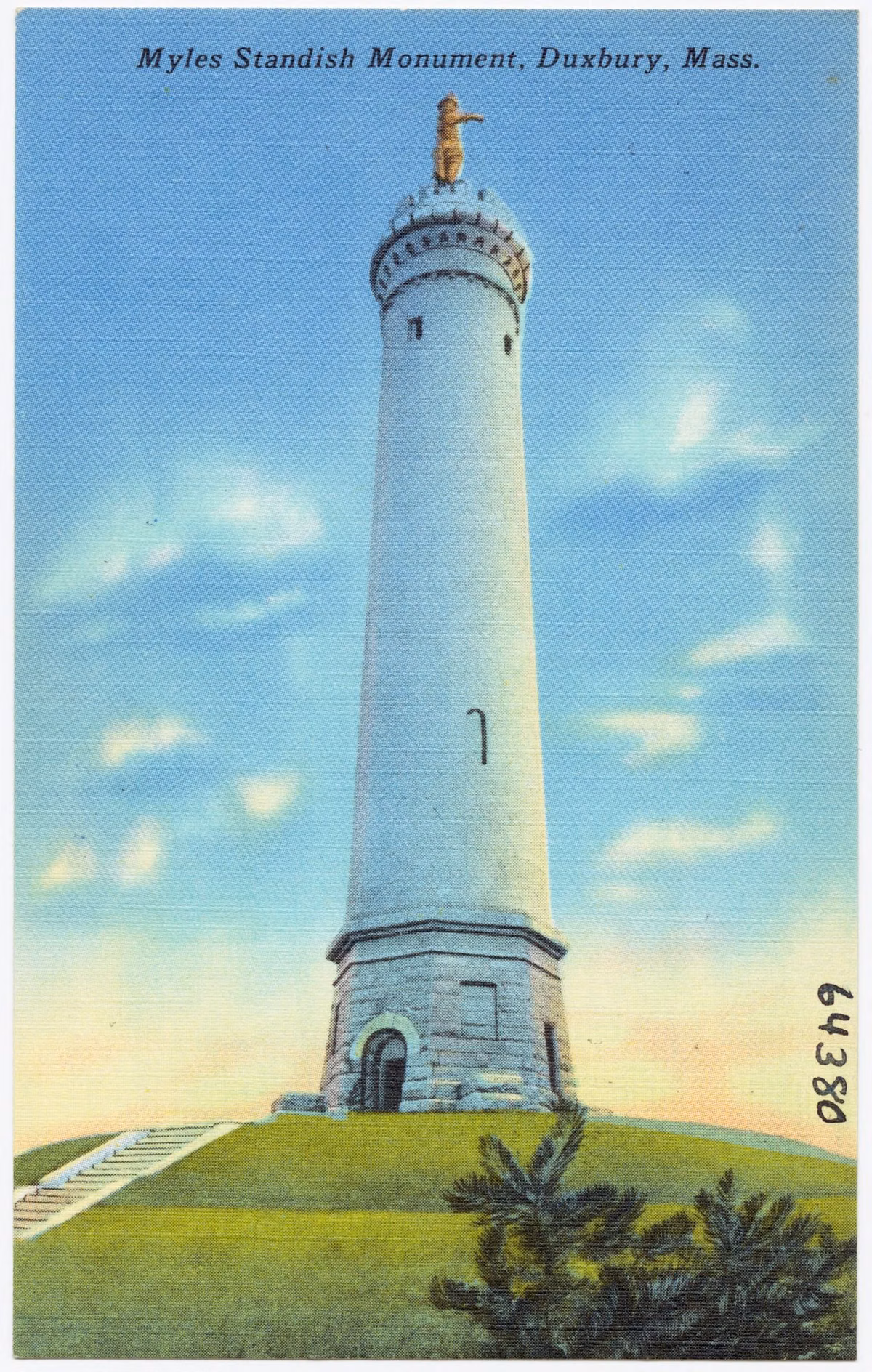 Postcard of the Myles Standish Monument on Captain's Hill in Duxbury