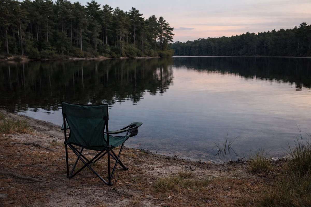 A camp chair at the edge of a calm pond at dusk