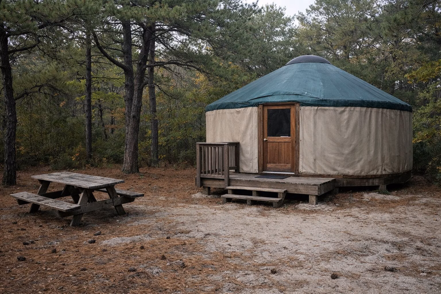A canvas yurt with a small wooden deck on a wooded campsite among pines