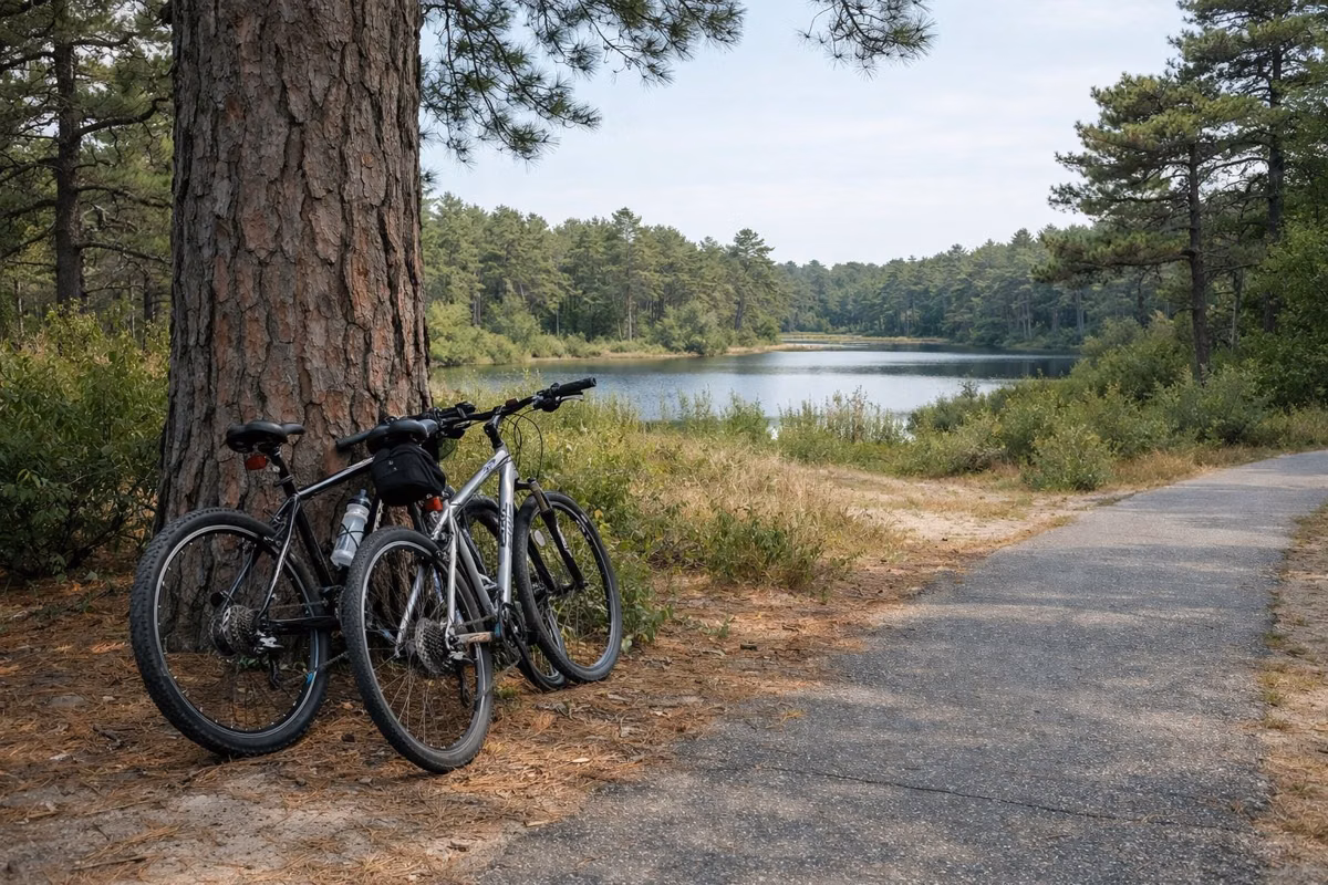 Two bikes leaning against a pitch pine beside a path