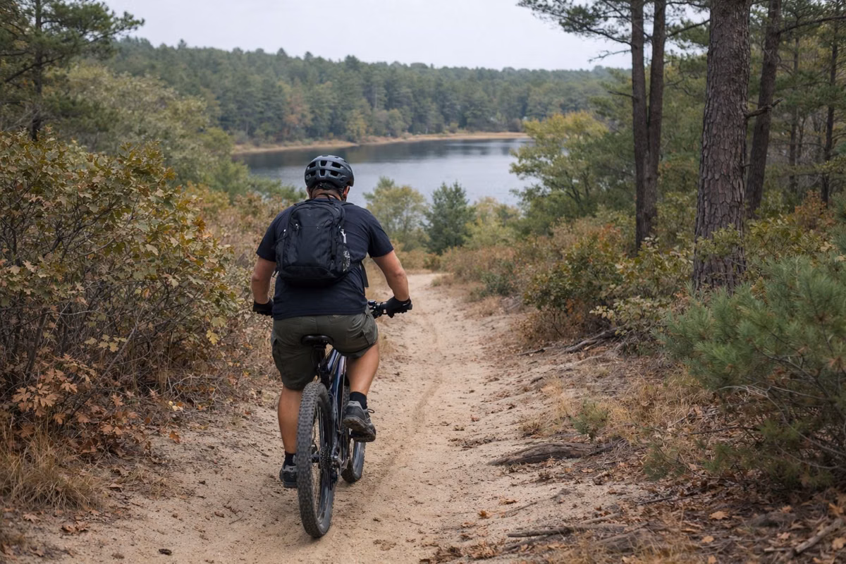 A mountain biker on a sandy trail through scrub oak
