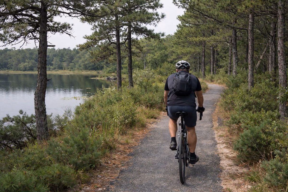 A cyclist on a narrow paved path through pitch pines