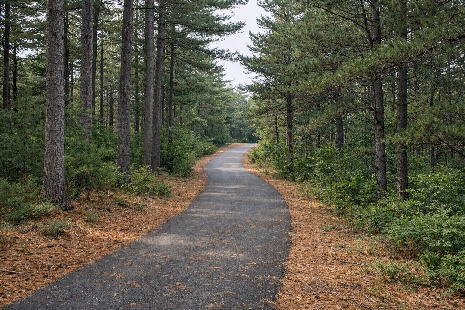 A narrow paved bike path winding through tall pines
