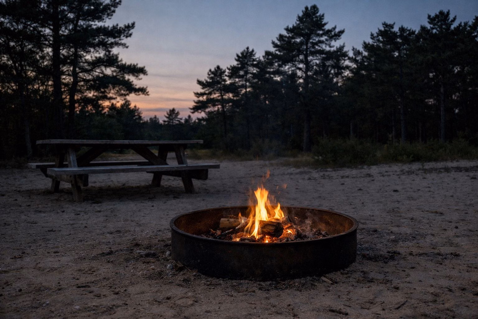 A small campfire in a steel fire ring at dusk with pines behind
