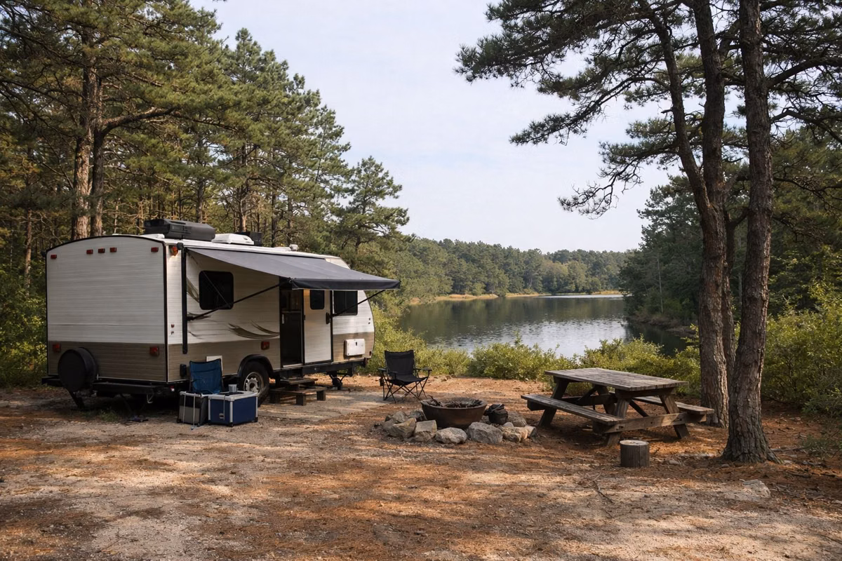 A small RV at a wooded campsite among pines