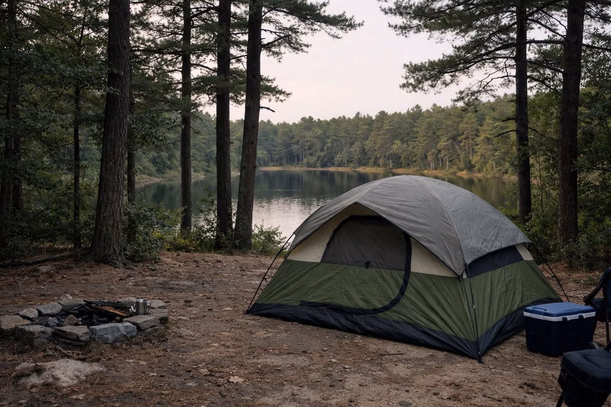 A tent at a wooded campsite with a pond through the pines