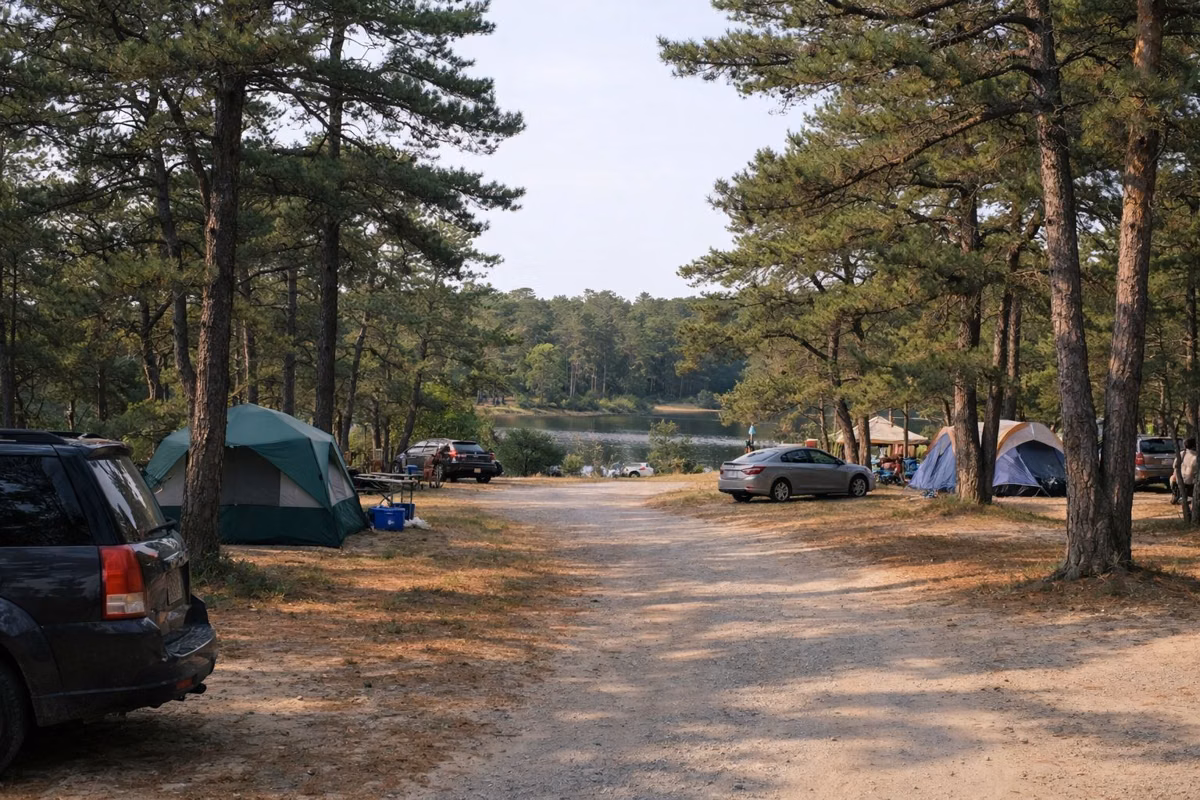 A campground loop with tents and cars among pitch pines
