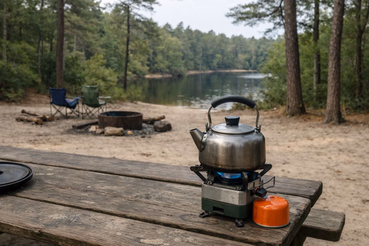 A camp stove and kettle on a picnic table at a campsite