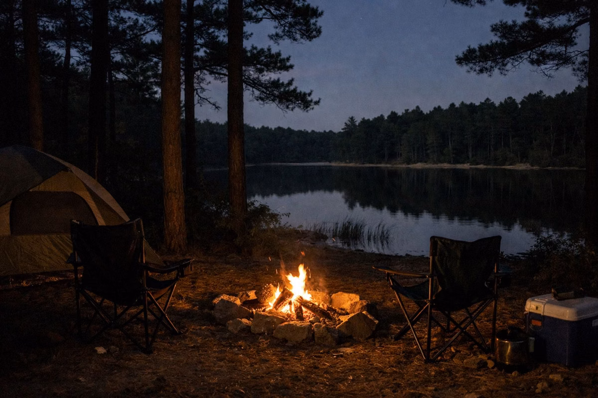 A small campfire glowing at a campsite at night