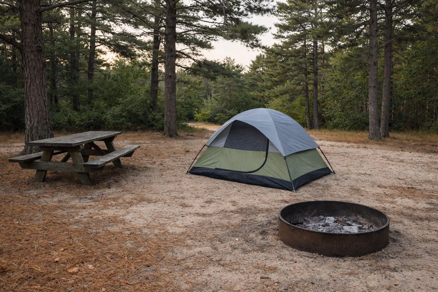 A tent, picnic table and fire ring on a sandy campsite under tall pines