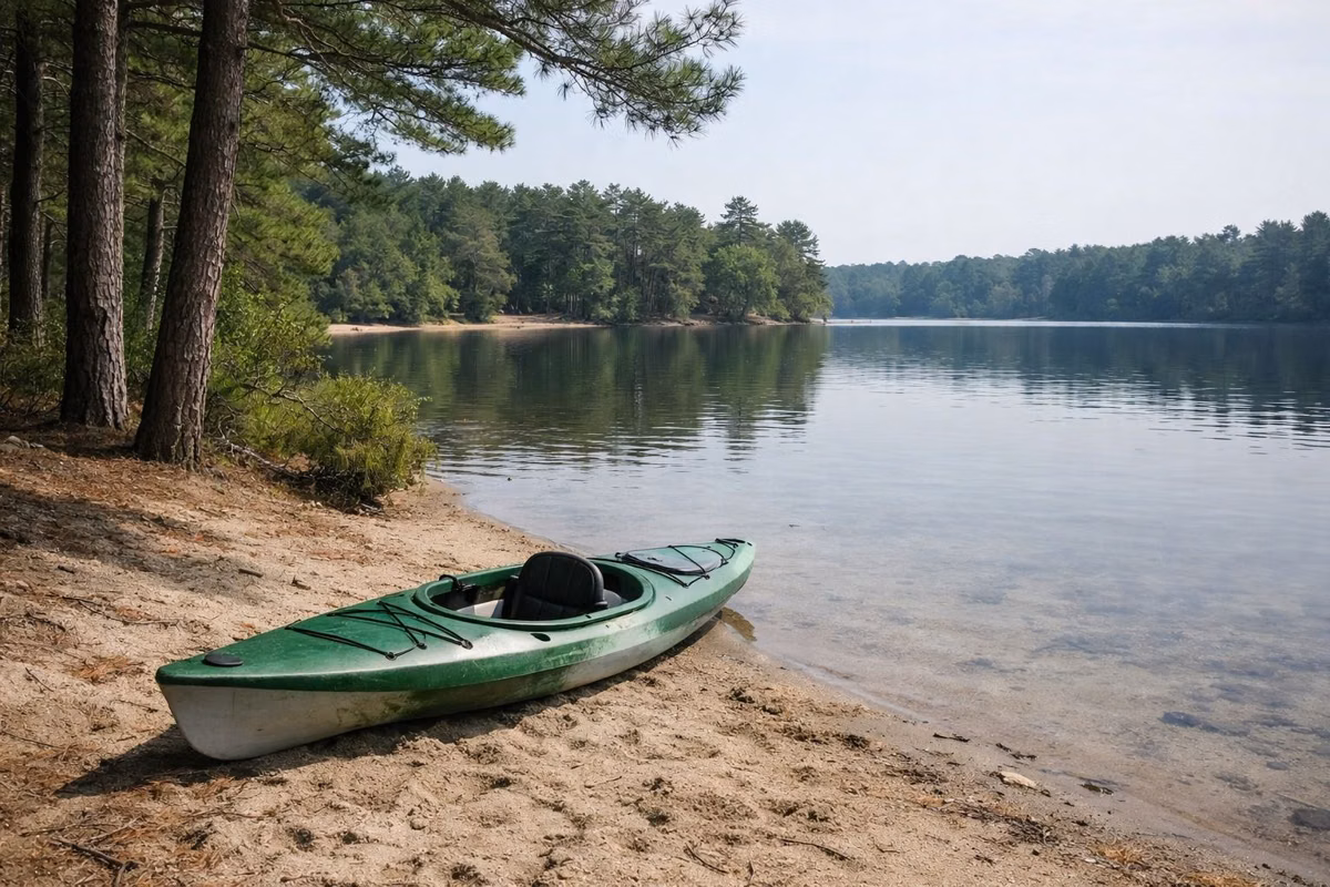 A kayak pulled up on a sandy pond shore under pines
