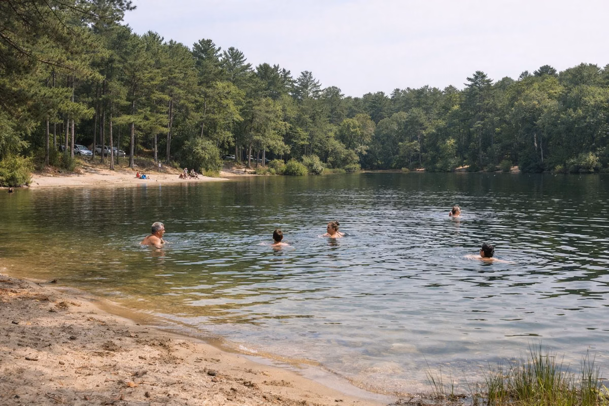 A few swimmers in a clear pond near a sandy beach