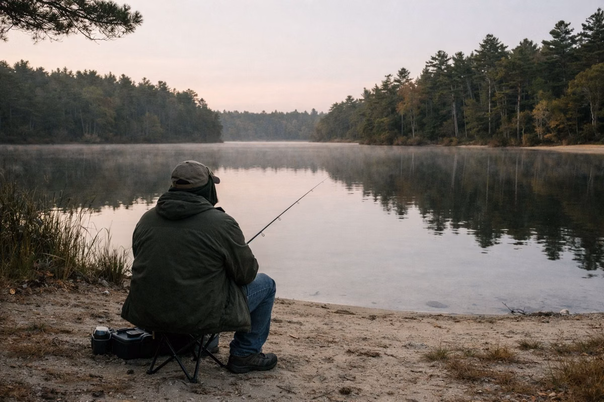 A person fishing from a sandy pond shore