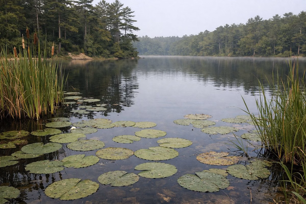 Lily pads and reeds at the edge of a calm pond