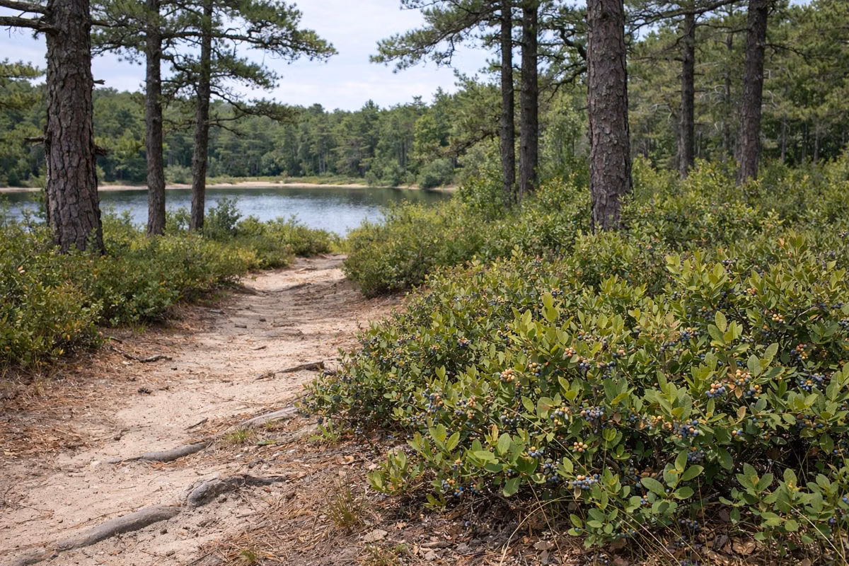 Low blueberry shrubs under pitch pines along a trail