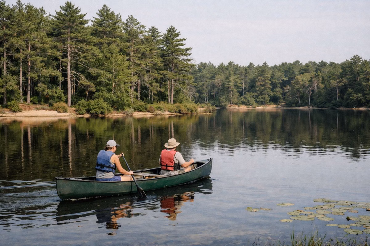 A canoe with two paddlers on a calm pond