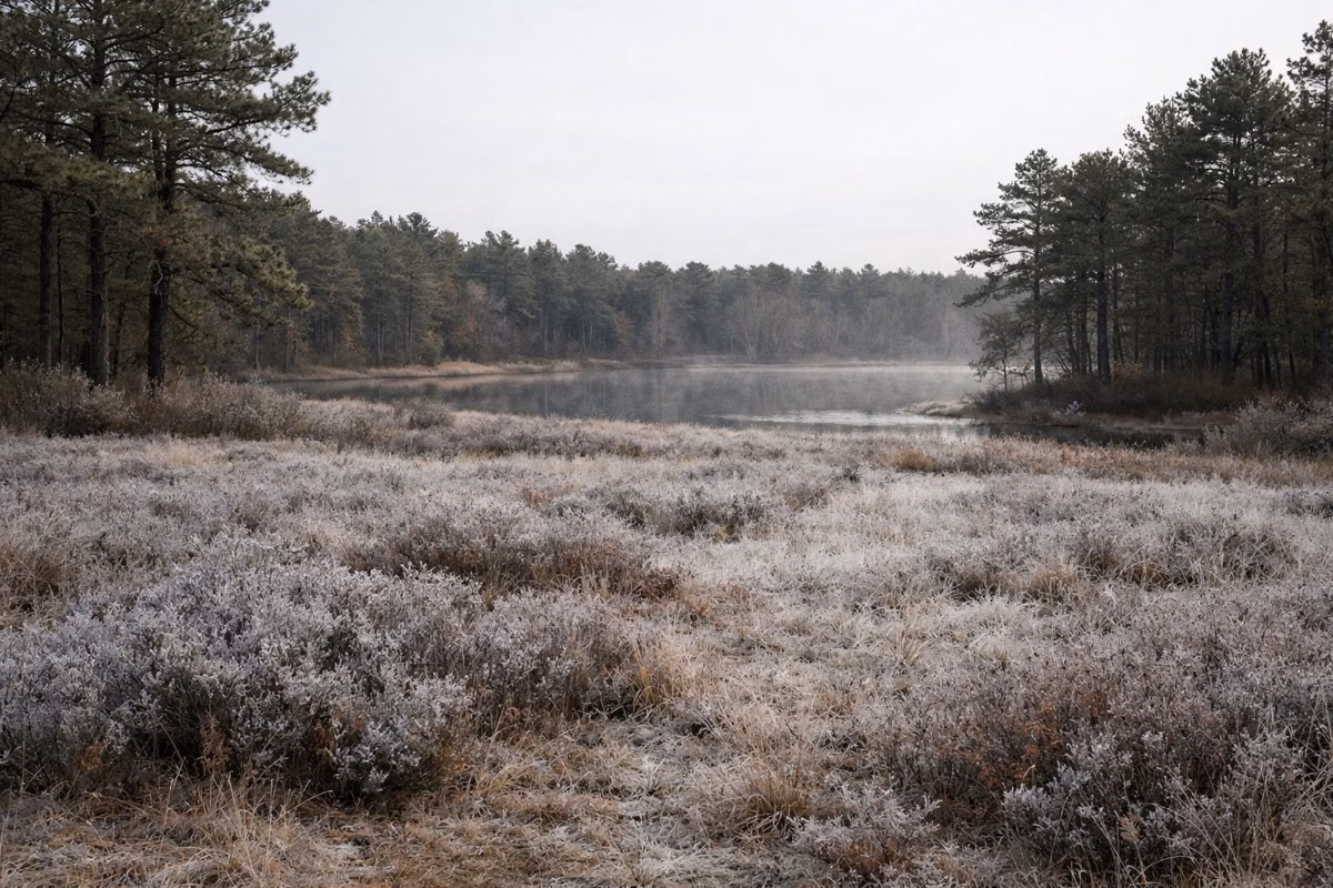 A frosty open clearing in the pine barrens