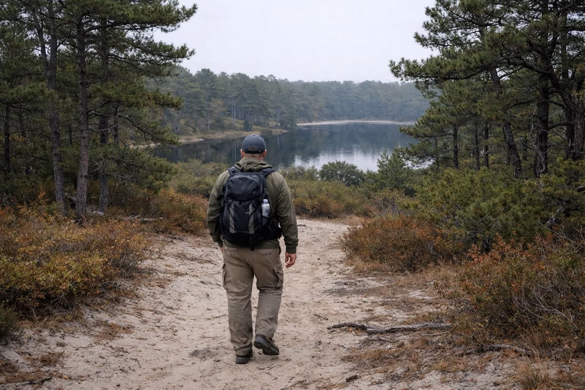 A hiker on a sandy trail through pitch pines