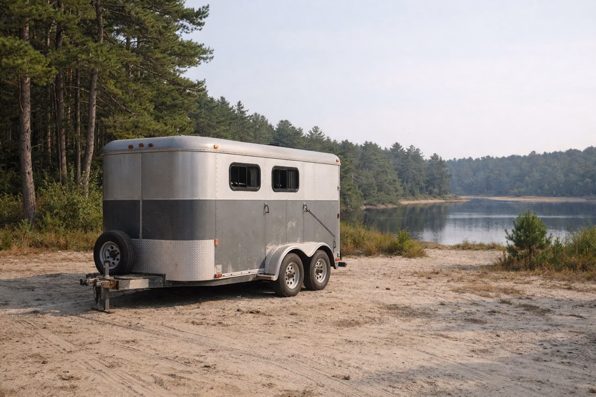 A horse trailer parked at the edge of pine woods