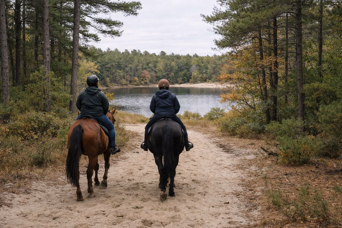 Two horseback riders on a sandy woods road through pines