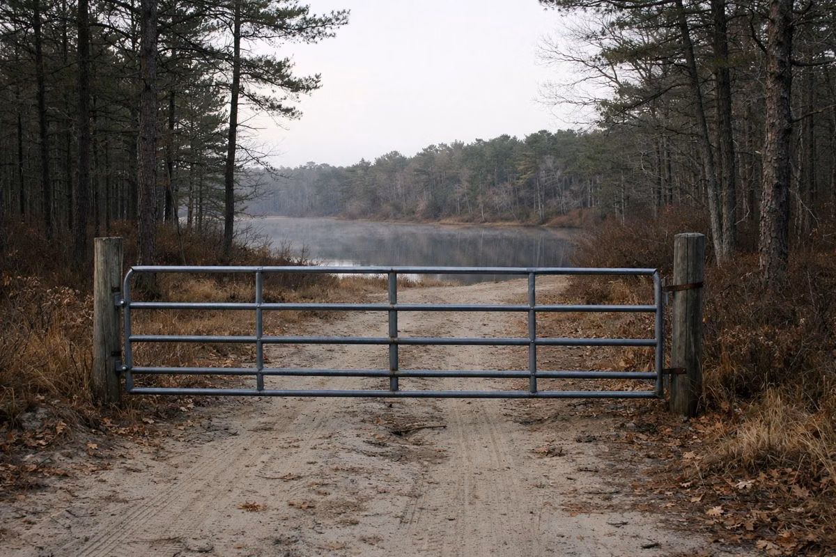 A metal gate across a sandy forest road in pine woods