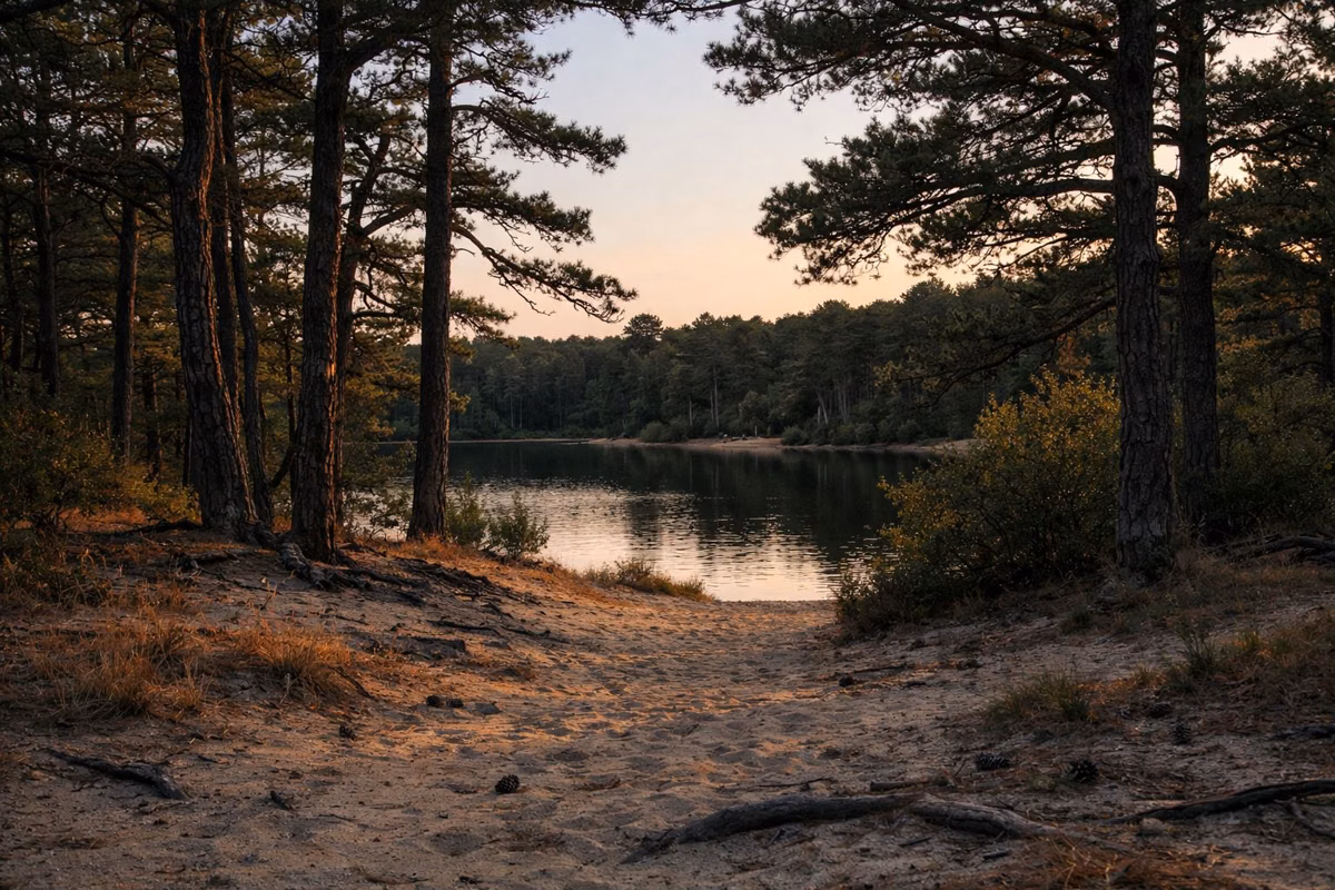 Evening light through pitch pines on sandy ground