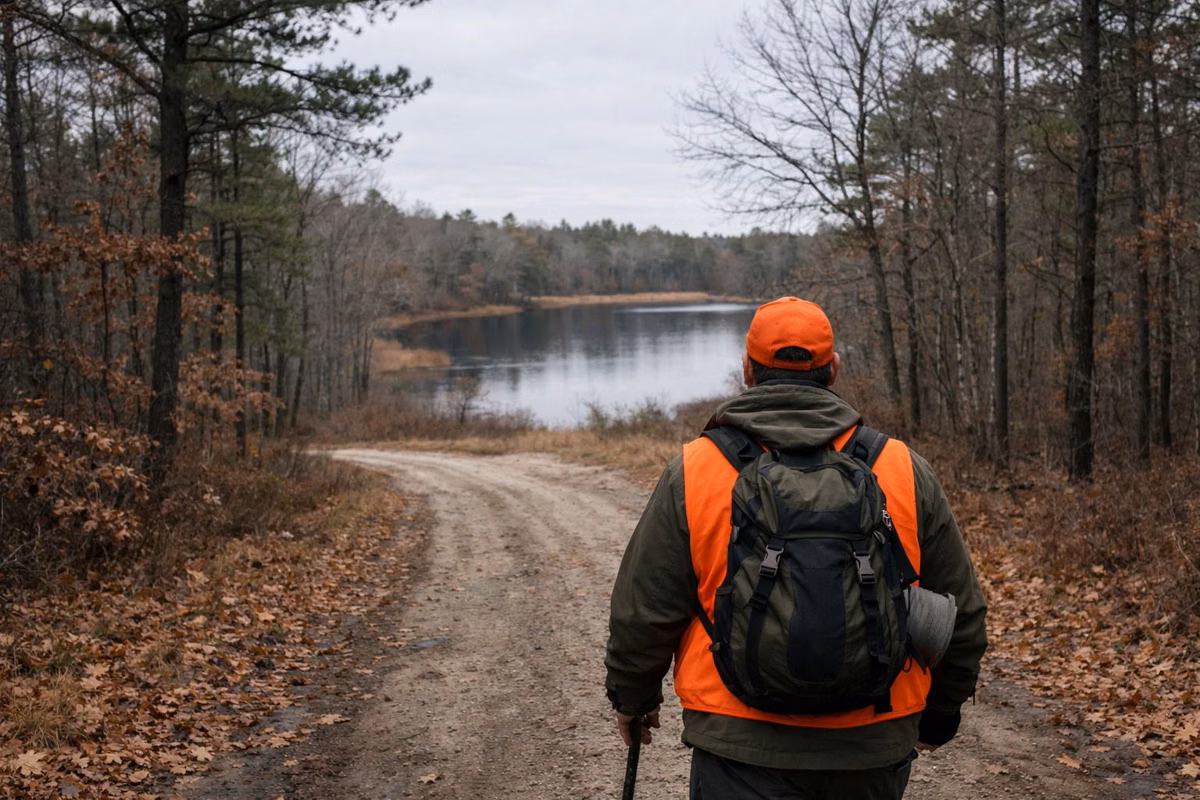 A hiker in blaze orange on a forest road in the fall