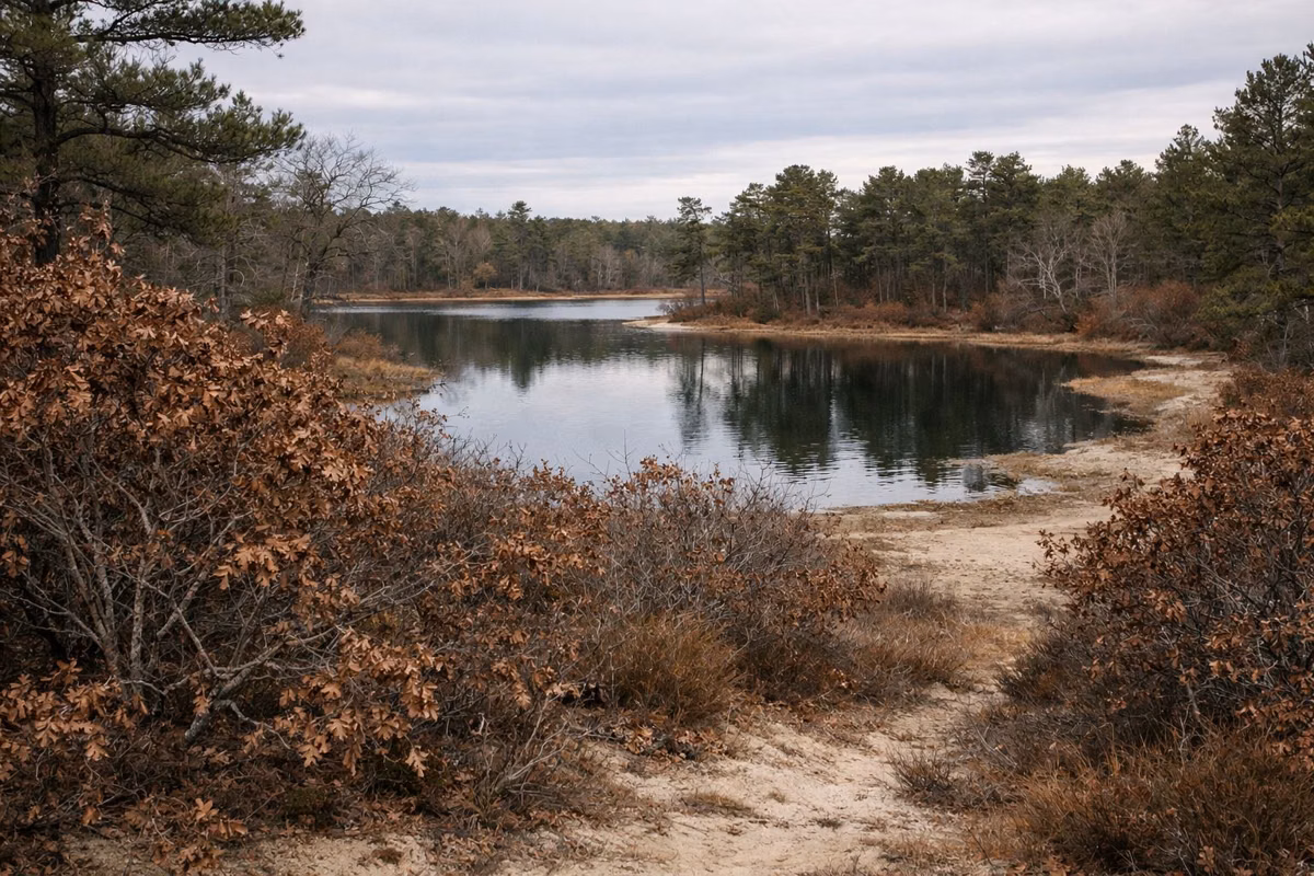 Bronze scrub oak thickets and pitch pines in late autumn