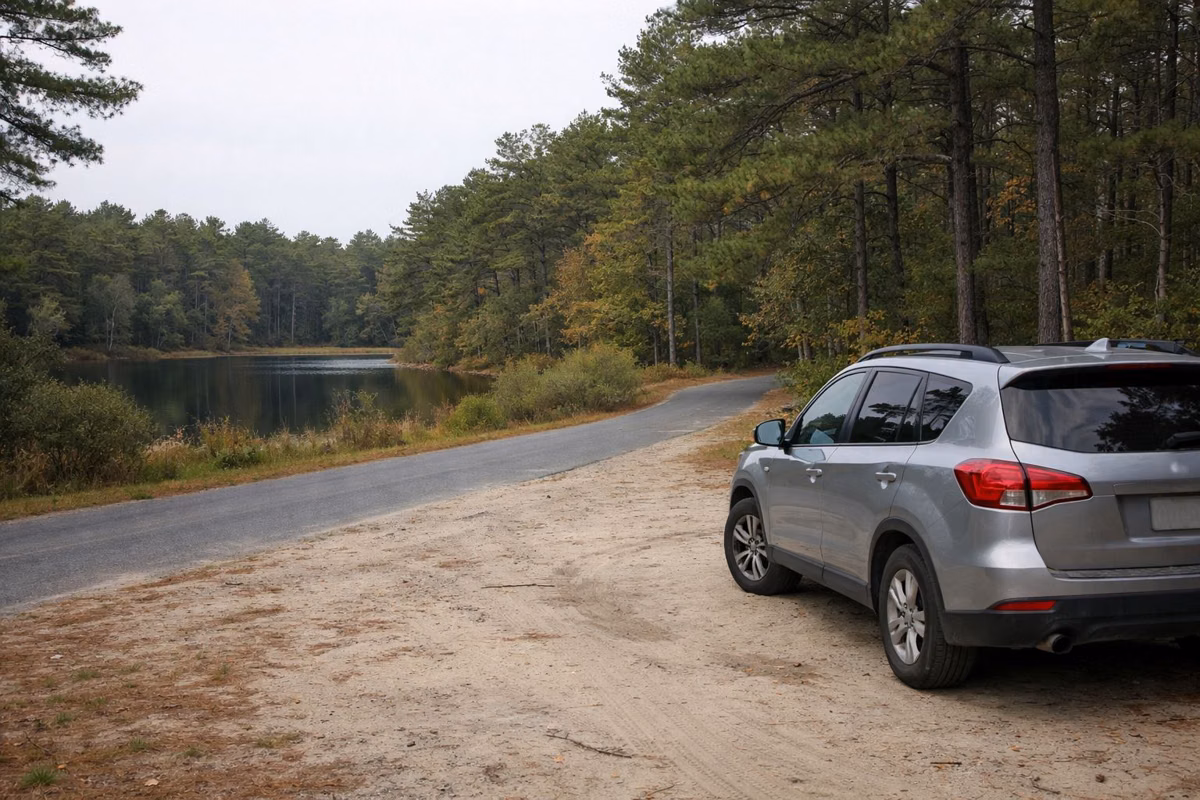 A car in a sandy pull-off beside a paved forest road