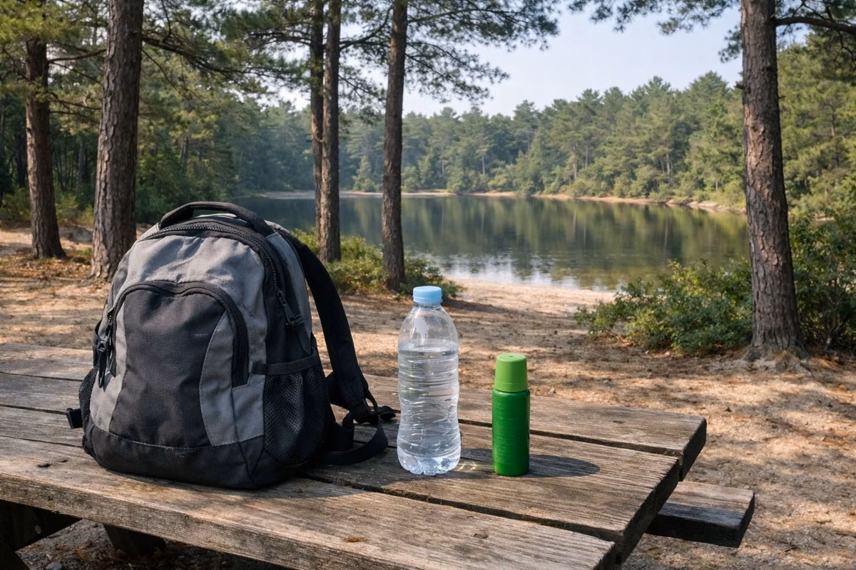A daypack, water bottle and bug spray on a picnic table