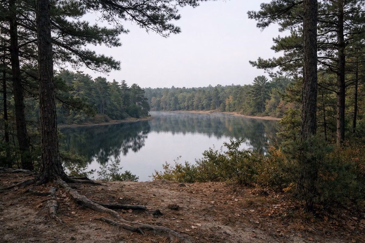 A kettle pond seen from a low wooded rise