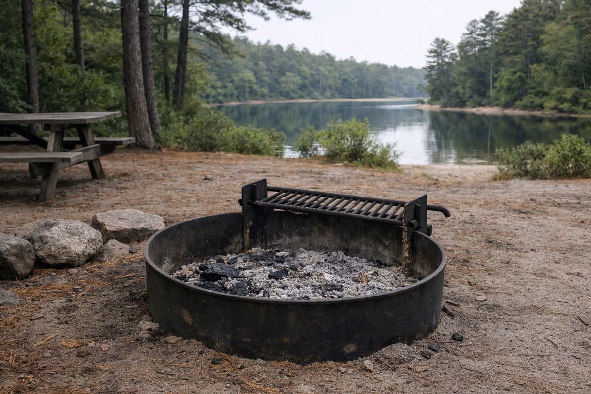 An empty steel fire ring with cold ashes at a campsite