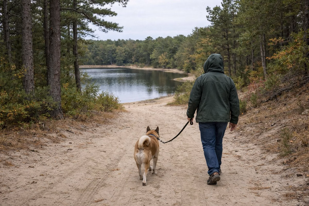 A person walking a leashed dog on a sandy forest road