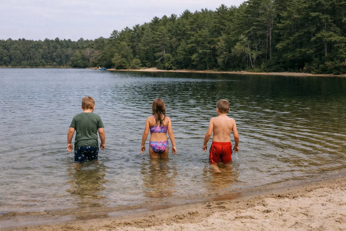 Kids wading in shallow pond water off a sandy beach