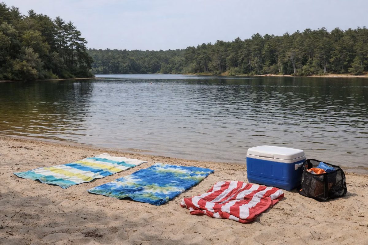 Beach towels and a cooler on a small pond beach