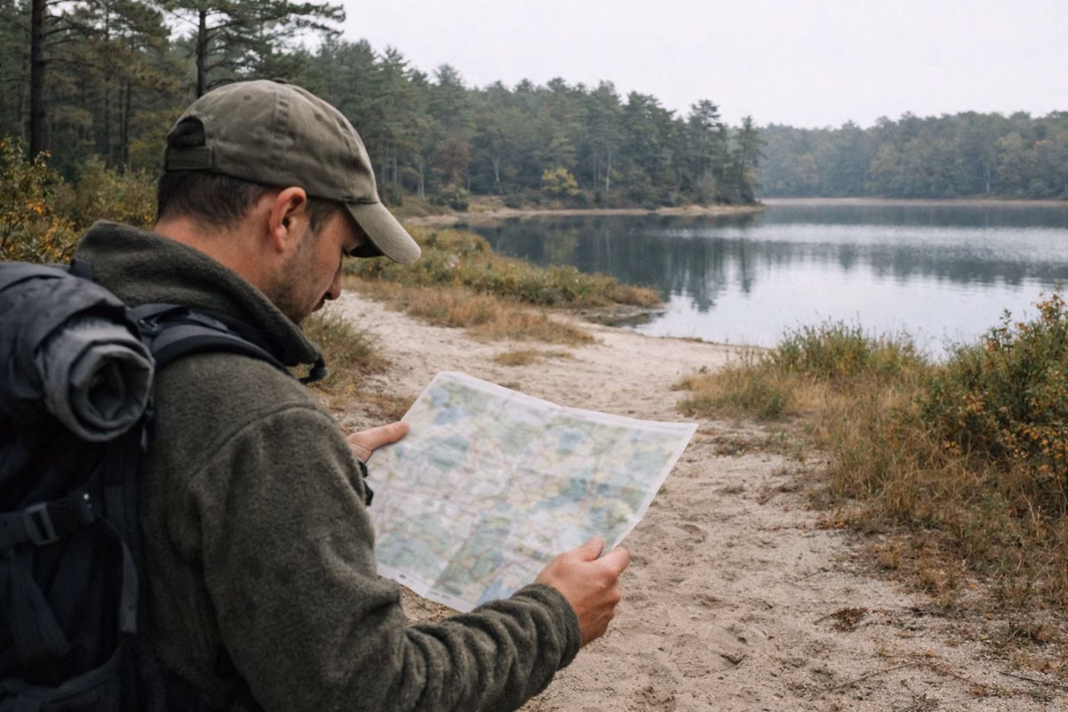 A hiker checking a paper map on a sandy trail
