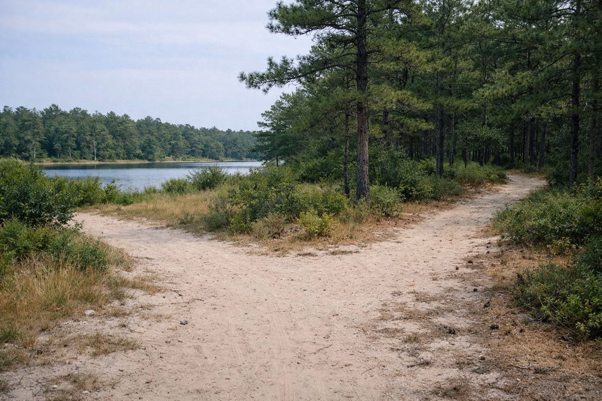 A junction of sandy trails in the pine barrens